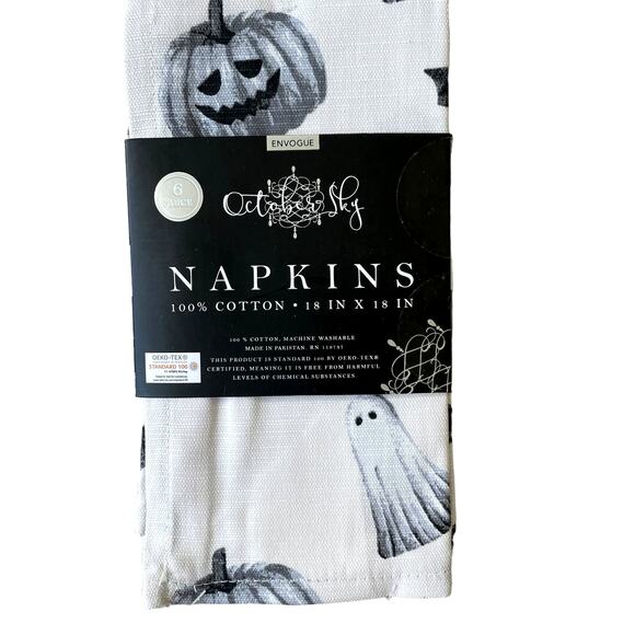 Halloween Ghost Pumpkin Cotton Napkins Set of 6 White Black Gray Spooky NEW - Picture 5 of 12